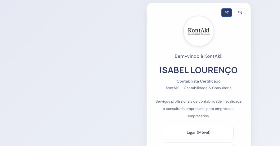 Kontaki digital contact card screen with profile details and direct communication actions