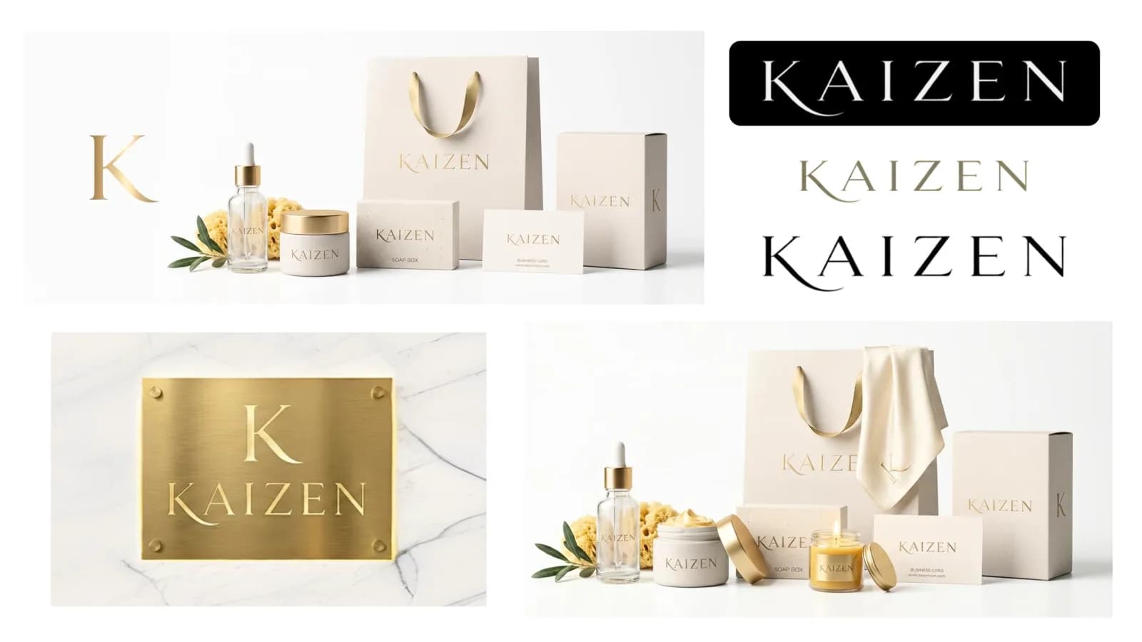 Kaizen brand identity board showing the gold serif wordmark, skincare packaging, and marble plaque mockups for a luxury Algarve beauty studio