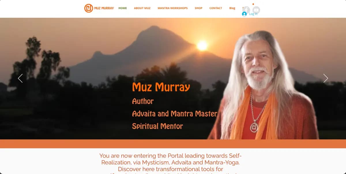 Older Muz Murray website homepage with a white header, orange typography, and a dated hero slider before the redesign