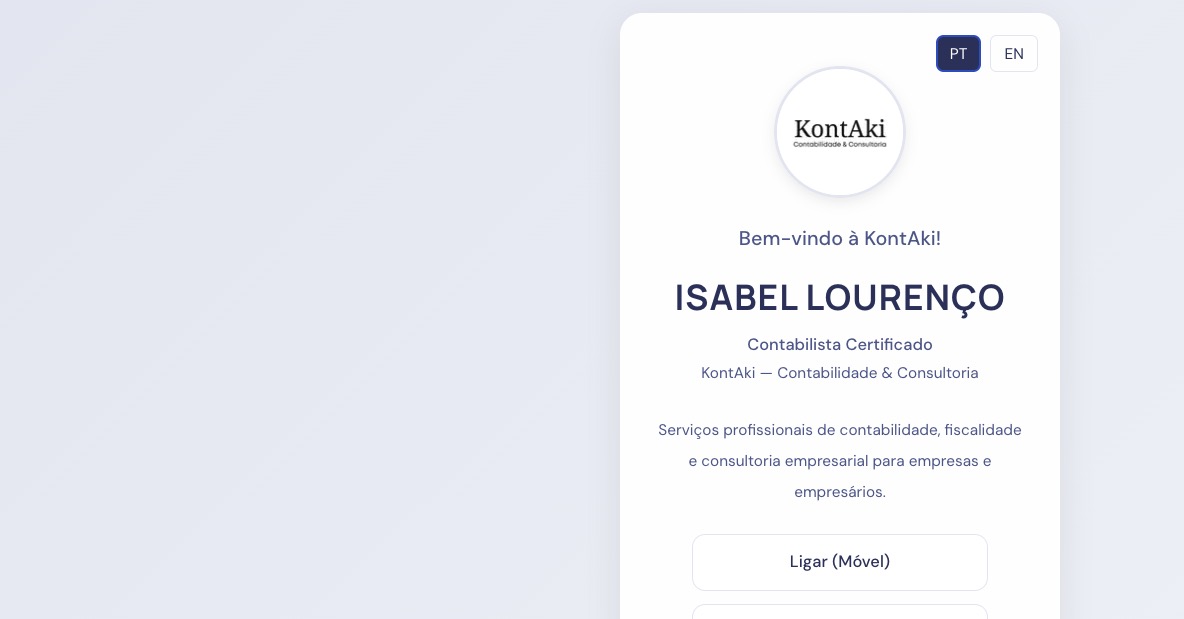 Kontaki digital contact card screen with profile details and direct communication actions